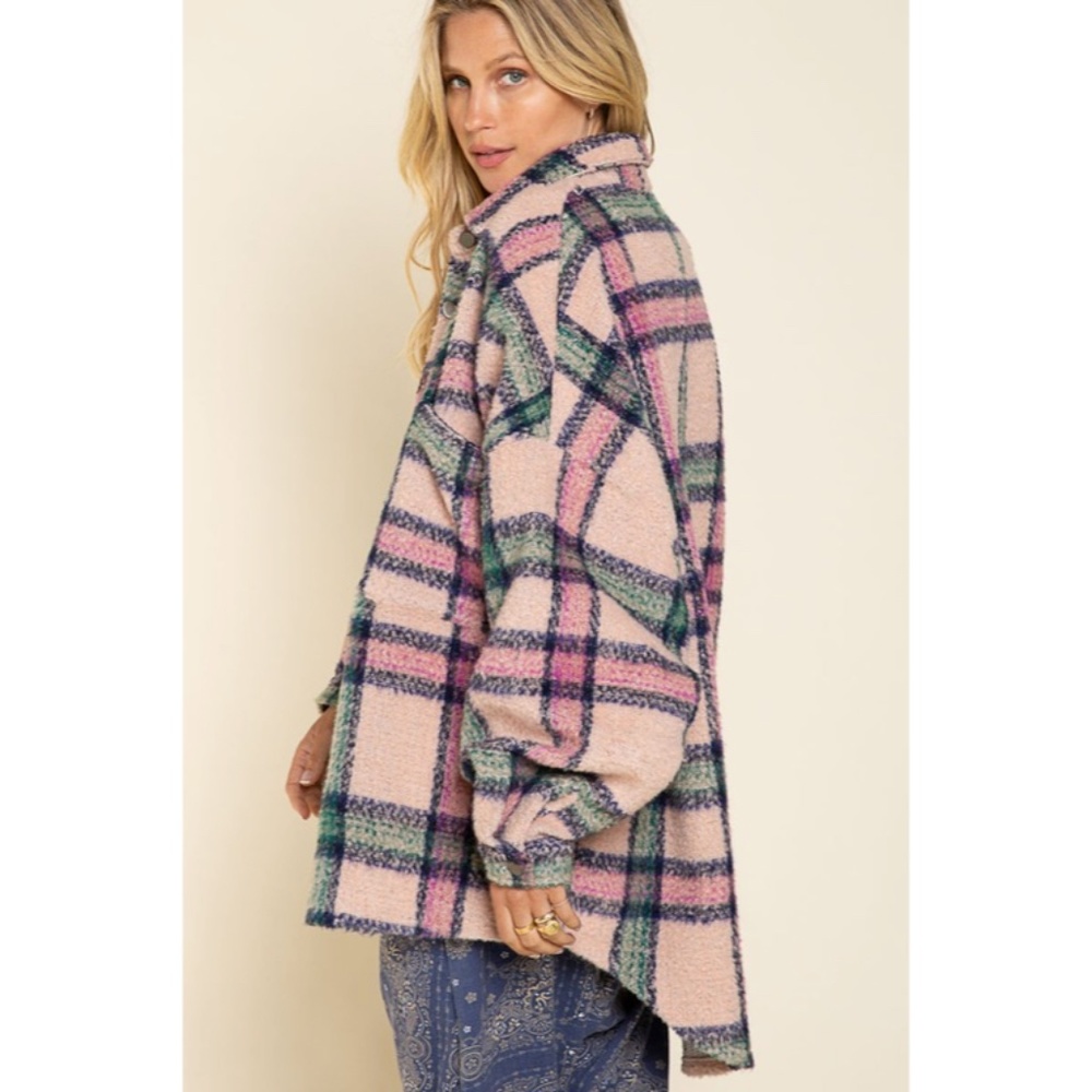 SOLD OUT Pink Plaid Distressed Boho Oversized Shacket - Picture 7 of 9